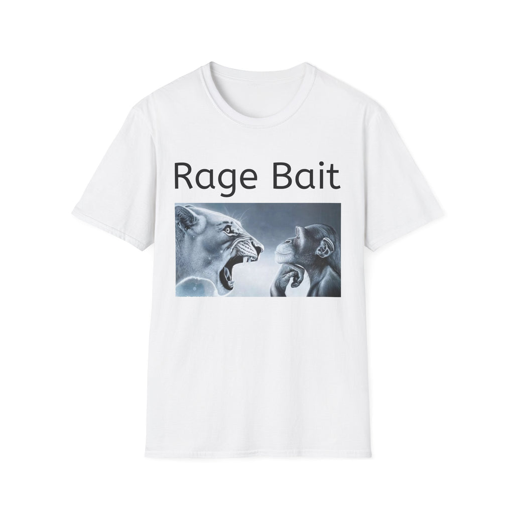 White t-shirt with graphic design and 'Rage Bait' text on a white background