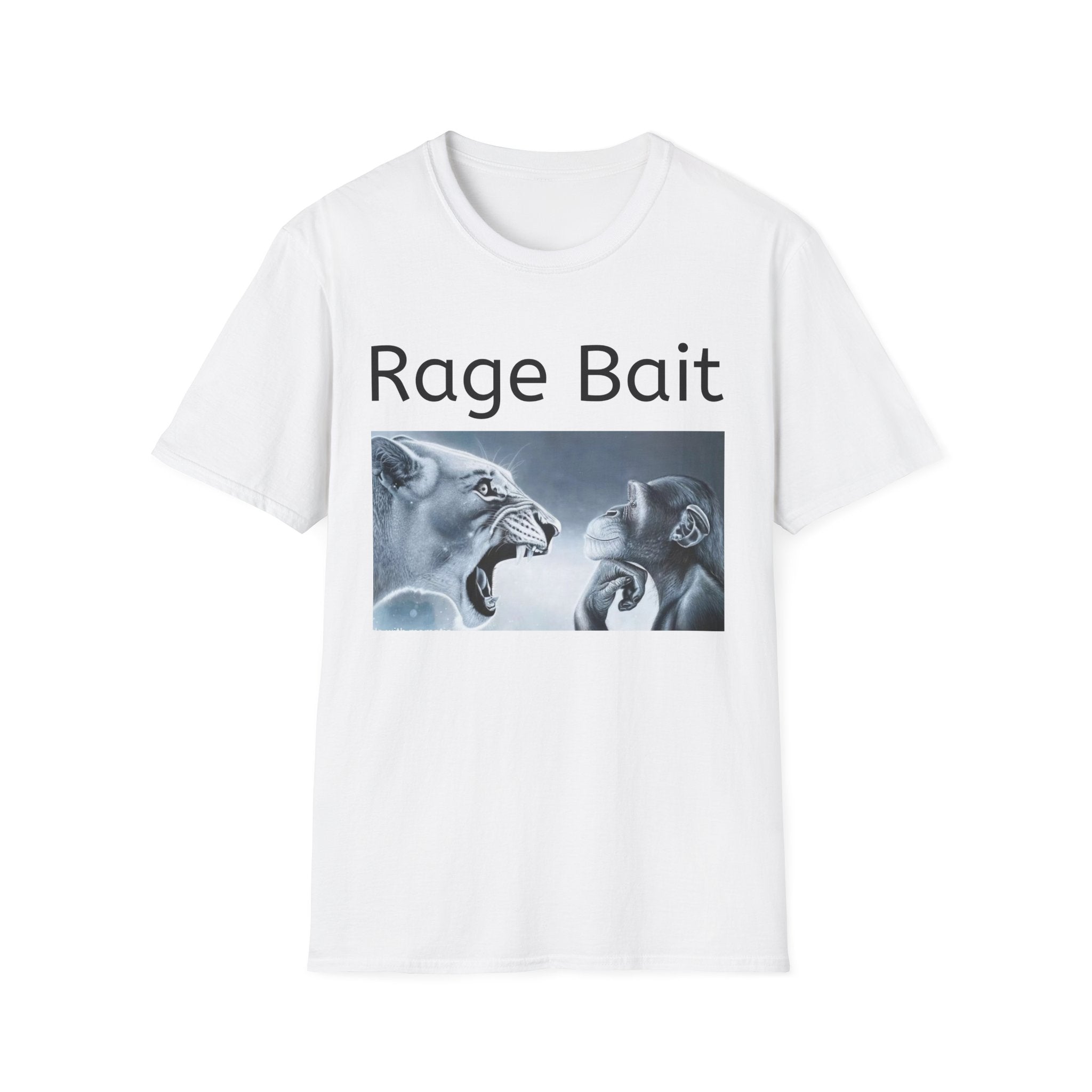 White t-shirt with graphic design and 'Rage Bait' text on a white background