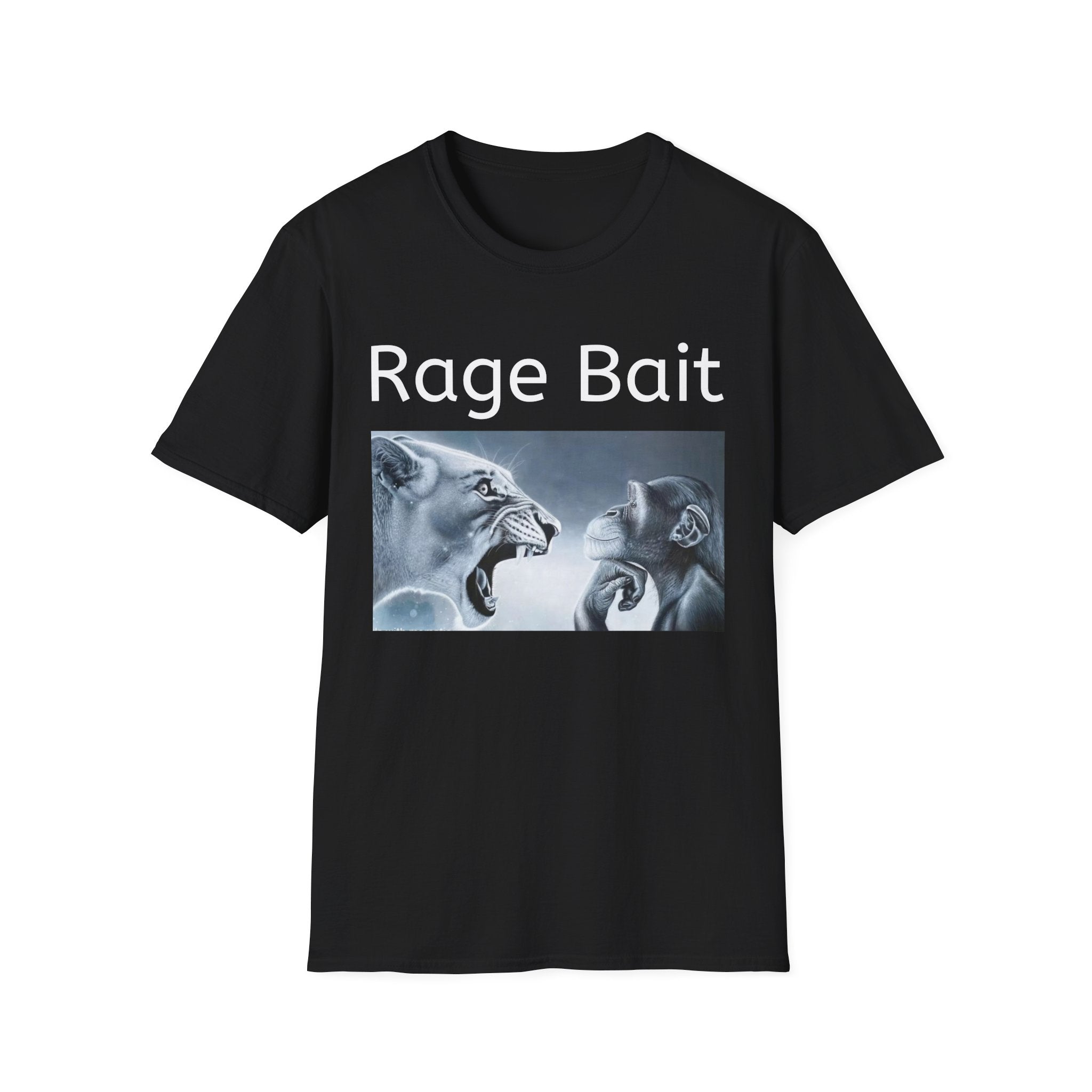 Black t-shirt with 'Rage Bait' graphic and text on a white background
